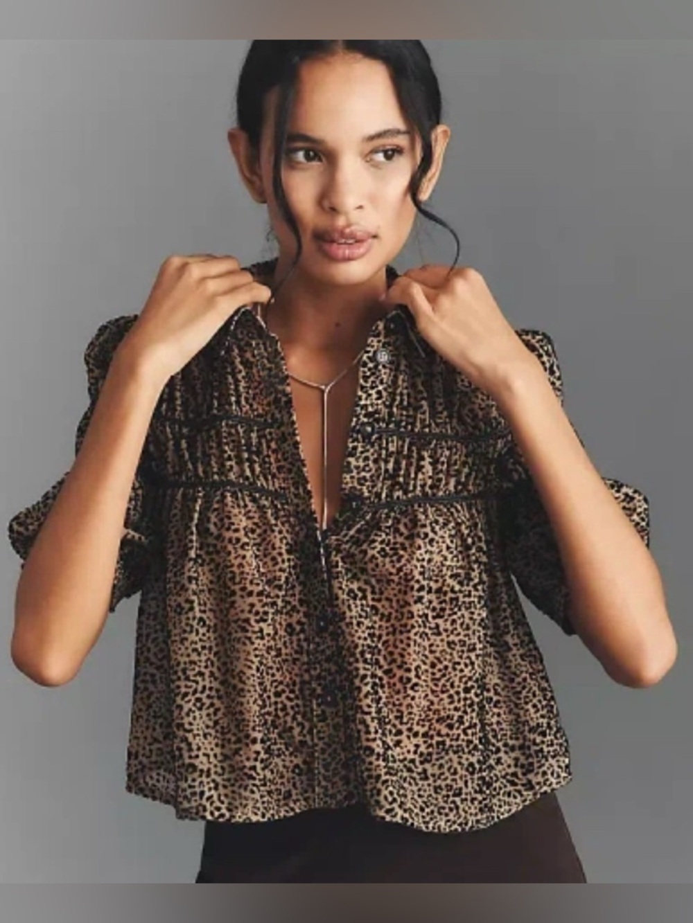 Maeve Leandra Shirred yoke Leopard-Print Button Front Blouse